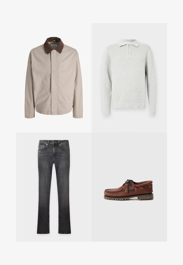 Beige jakke med knapper, brun fløjlskrave, lige lange ærmer og en glat stoftekstur.; Lys grå langærmet polo sweater i en tekstureret strik, med en lynlåsåbning ved halsen og ribbede cuffs og søm. Casual design velegnet til lagdeling.; Sorte falmede denim jeans med forreste knap og lynlås, fem-lomme stil, lige ben snit, vist mod en ensfarvet lys baggrund.; Brune læder bådsko med struktureret overdel, sorte snørebånd og gyldne øjer. Har en holdbar, rillede gummisål.