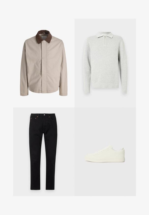 Veste beige boutonnée avec col en velours côtelé marron, manches longues droites et texture de tissu lisse.; Polo en tricot texturé à manches longues de couleur gris clair, avec un col zippé et des poignets et un ourlet côtelés. Design décontracté idéal pour le superposition.; Jeans en denim noir à coupe droite, avec des rivets en cuivre, une fermeture à bouton sur le devant et un design classique à cinq poches.; Baskets blanches avec une tige à texture lisse, bout arrondi et laçage traditionnel, arborant un design minimaliste et une semelle en caoutchouc.