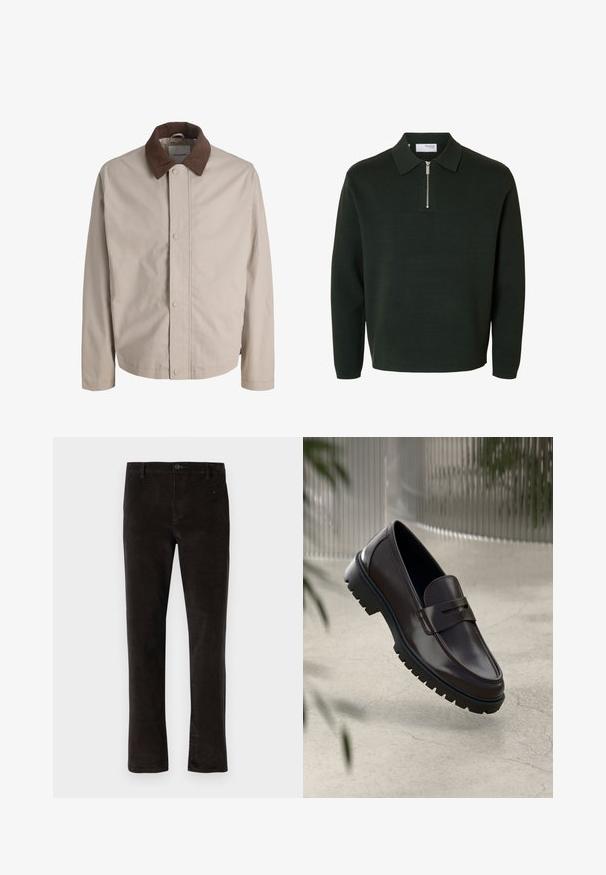 Veste beige boutonnée avec col en velours côtelé marron, manches longues droites et texture de tissu lisse.; Pull polo vert foncé à manches longues avec col zippé et ourlet droit.; Pantalons en velours côtelé noir avec une coupe droite, dotés d'une fermeture à un seul bouton et d'une texture subtile. Style minimaliste sans motifs visibles.; Mocassins en cuir marron avec une semelle en caoutchouc texturée et striée. Présente un design épuré et une sangle décorative sur le cou-de-pied.