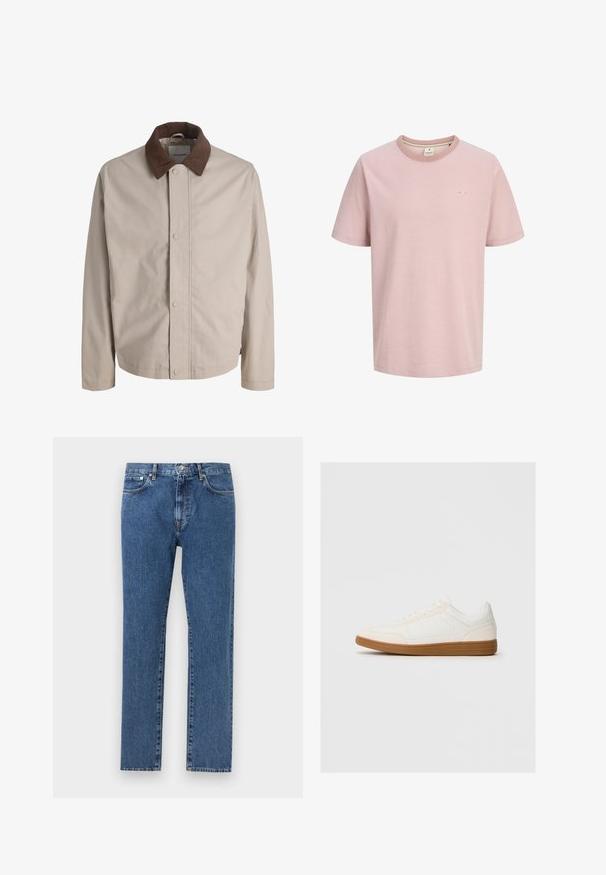 Veste beige boutonnée avec col en velours côtelé marron, manches longues droites et texture de tissu lisse.; T-shirt rose clair à manches courtes, col rond, avec un petit logo blanc sur la poitrine gauche et un design simple et épuré.; Jean en denim bleu à jambes droites avec cinq poches, fermeture par bouton et fermeture éclair, présenté à plat sur un fond gris clair.; Baskets blanches avec un capuchon en daim, un dessus en synthétique lisse et une semelle en caoutchouc marron. Présente des perforations sur les côtés pour une meilleure respirabilité.