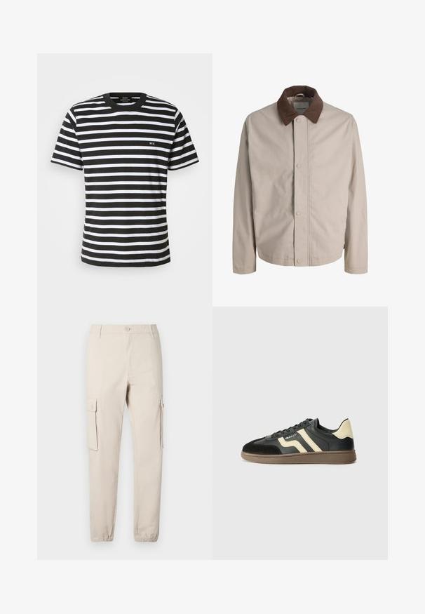Veste beige boutonnée avec col en velours côtelé marron, manches longues droites et texture de tissu lisse.; T-shirt rayé noir et blanc avec un col rond, des manches courtes et un petit logo brodé "MN" sur le devant. Fabriqué en tissu en coton doux.; Pantalon cargo beige avec deux poches latérales, une fermeture à boutons, des poignets élastiques et une coupe droite. Confectionné en tissu de coton résistant.; Baskets noires et beiges avec une tige en cuir lisse, du daim au niveau des orteils et une semelle en caoutchouc brun texturé. Comprend des rayures contrastantes.
