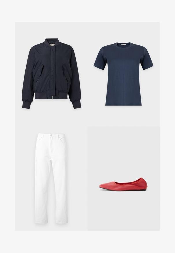 Veste bomber bleu marine foncé avec col, poignets et bas en maille côtelée, poches avant à rabats inclinés et fermeture éclair avant dissimulée.; T-shirt bleu marine uni à manches courtes et col rond, présenté sur fond blanc.; Jean denim blanc à jambes droites avec poches avant, passants pour ceinture et fermeture par bouton, présenté sur un fond blanc uni.; Filippa K REY FLATS - Ballerines - bright red