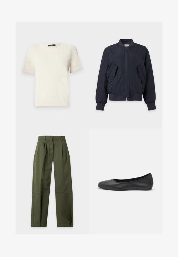 Veste bomber bleu marine foncé avec col, poignets et bas en maille côtelée, poches avant à rabats inclinés et fermeture éclair avant dissimulée.; Pull en maille crème à manches courtes avec encolure ronde et finitions côtelées, présenté sur un fond clair uni.; Pantalon taille haute vert olive à jambes droites avec passants de ceinture, fermeture par boutons, plis devant et détails de couture au genou.; Ballerines en cuir noir avec un bout rond, texture lisse, détails de couture minimalistes et design de semelle flexible.