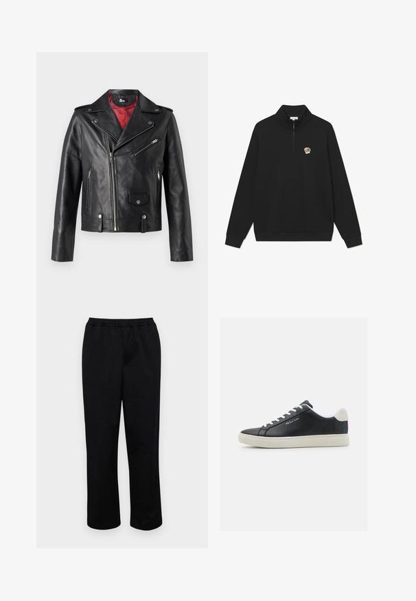 Veste de biker en cuir noir avec des zips en argent et des boutons-pression, dotée d'une doublure intérieure rouge et d'une fermeture frontale asymétrique.; Sweat-shirt noir à col haut et demi-zippé. Présente une broderie florale sur la poitrine gauche. Fabriqué en tissu doux.; Pantalons noirs mi-longs avec une taille élastique. Fabriqués en tissu lisse, présentant une coupe décontractée et sans poches ni embellissements visibles.; Baskets en cuir noir avec lacets blancs et semelle en caoutchouc. Présente un accent rayé bleu, rouge et vert au talon. Détails cousus inclus.