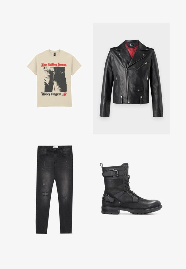 Sort læder bikerjakke med sølv lynlåse og trykknapper, der har en rød indvendig foring og asymmetrisk frontlukning.; Beige bomulds t-shirt med et grafisk design af jeans og en lynlås. Teksten lyder "The Rolling Stones" i rød og "Sticky Fingers" i sort.; Sorte denim skinny jeans med slidte lapper, fem-lomme design og enkelt-knap lukning. Struktureret stof med en let stretch.; Kazar HEARD - Cowboy- / bikerstøvlette - black