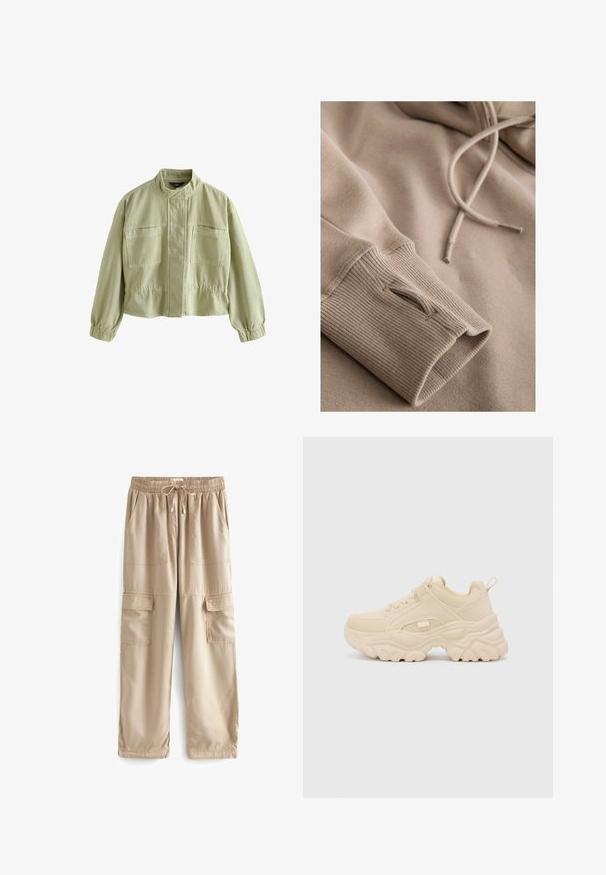 Lys khaki jakke med høj krave, to brystlommer, elastiske ærmeafslutninger og en indsnørret talje, vist fladt på en hvid baggrund.; Beige hættegymnastiktrøje med ribbede manchetter og en tekstureret overflade. Snoretræk ved halsen og et blødt, glat stof. Subtile syninger.; Beige cargo bukser lavet af letvægtsstof, med elastisk talje, snor og flere store frontlommer.; Buffalo GALACTICA - Sneakers - cream