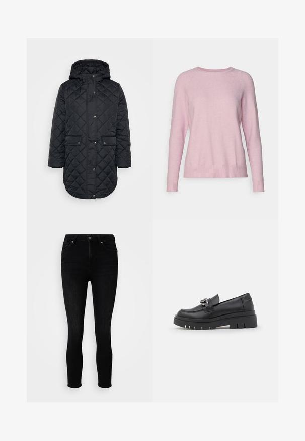 Sort vatteret frakke med hætte, der har trykknaplukning, to forlommer og en let buet kant. Tekstureret overflade med diamantmønster.; ONLY Petite ONLLESLY KINGS - Striktrøje - light pink melange; ONLY Petite ONLPOWER MID PUSH UP - Jeans Skinny Fit - washed black; Sort loafersko med en kraftig platformsål, glat læderoverdel, dekorativ kædeaccent og let hæl med notched detalje.