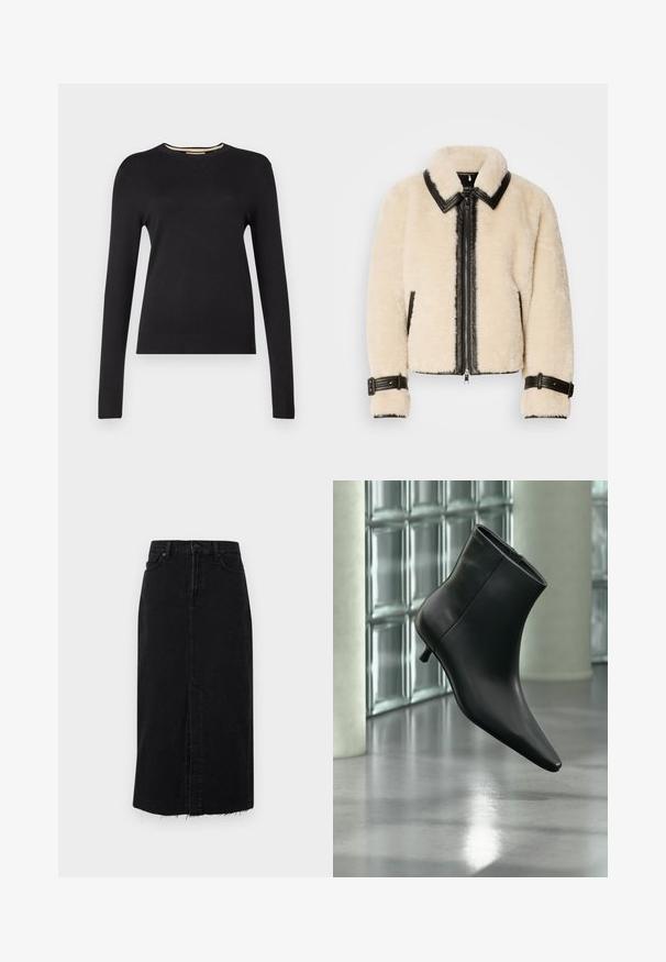 Veste en shearling couleur crème avec des accents en cuir noir, fermeture éclair à l'avant et large col. Comprend des poignets réglables et des poches latérales.; Pull noir à manches longues en matériau tricoté lisse. Présente un col et des poignets côtelés, avec une silhouette ajustée et sans motifs visibles.; Jupe midi en denim noir avec une coupe droite, fente à l'avant et ourlet effiloché. Comprend une fermeture à bouton et deux poches latérales.; Bottine en cuir noir à bout pointu et petit talon kitten, présentée en angle devant un sol poli et un mur en blocs de verre.
