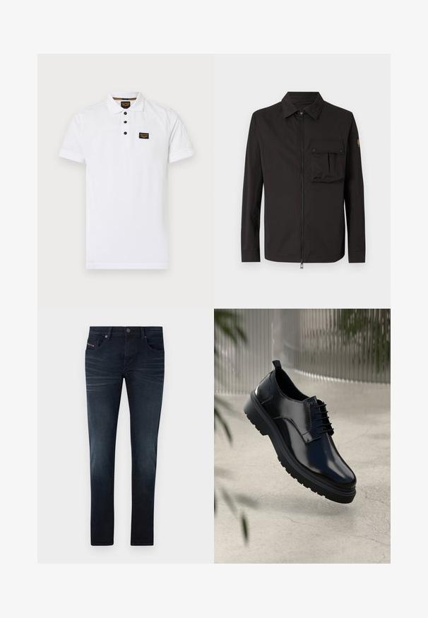Veste légère noire avec fermeture éclair sur le devant, col pointu et poche poitrine unique, présentant une texture lisse et une forme structurée.; Polo shirt blanc en coton texturé, avec une patte de boutonnage à trois boutons, des manches courtes et une patch logo noir sur la poitrine.; Jeans en denim bleu foncé avec une coupe slim, dotés de cinq poches, d'un délavage subtil et d'un bouton métallique à la taille.; Chaussure en cuir noir avec une finition brillante, bout rond, design à lacets, surpiqûres contrastantes, et semelle épaisse en caoutchouc avec motifs de relief.