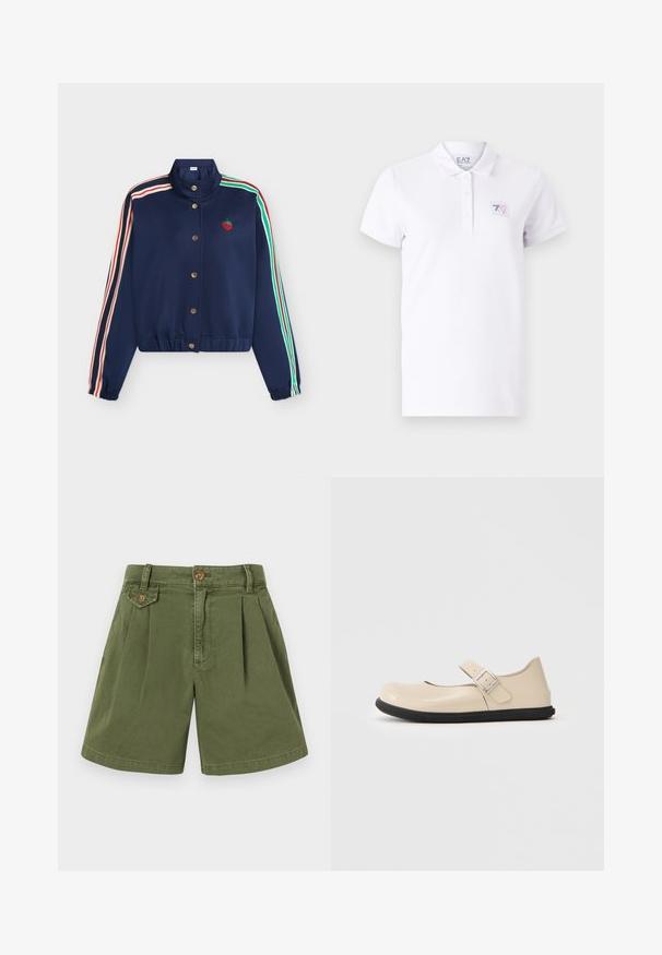 Veste bleu marine avec boutons-pression dorés, rayures rouges et blanches sur la manche gauche, rayures vertes et blanches sur la manche droite, et un petit écusson fraise rouge.; Polo shirt blanc en coton avec une patte de boutonnage à deux boutons. Il présente un petit patch logo imprimé sur la poitrine gauche et des manches courtes.; Shorts en khaki en coton, présentant un design plissé, avec un bouton à la taille et des poches latérales. Texture lisse et coupe droite.; Chaussure Mary Jane beige avec un bout arrondi, une sangle ajustable et une semelle en caoutchouc noir. Fini lisse et brillant avec un design minimaliste.