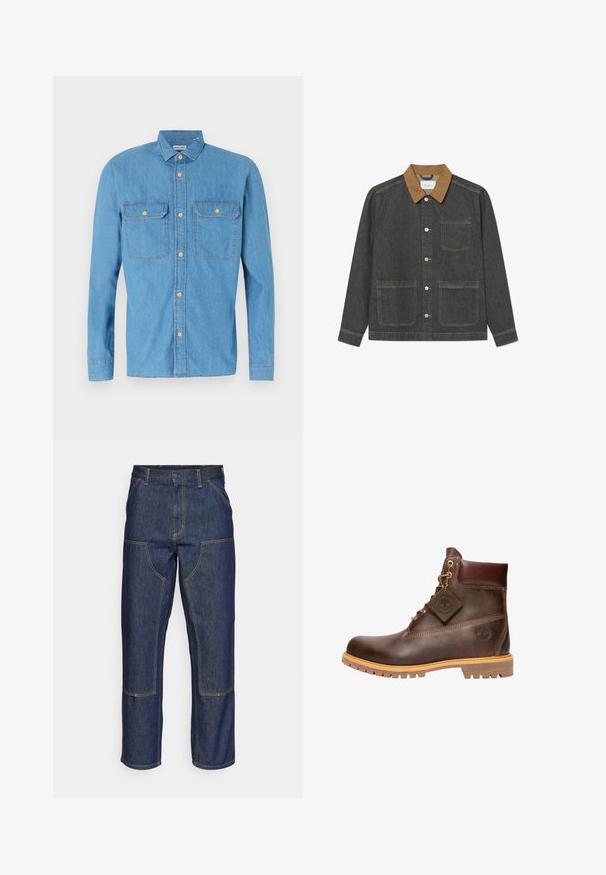 Veste en denim avec un corps gris foncé, un col marron, des boutons-pression à l'avant et deux grandes poches avant, avec des détails de couture visibles.; Chemise en denim bleu clair à manches longues, fermeture à boutons sur le devant, deux poches poitrines, col pointu et boutons dorés. Texture lisse, design décontracté.; Jeans en denim bleu foncé avec une taille haute, une coupe droite, des coutures contrastantes et des poches appliquées à l'avant.; Bottine en cuir marron avec un bout rond, une semelle robuste, des éléments en doré et un dessus texturé. Comprend une étiquette de logo attachée.