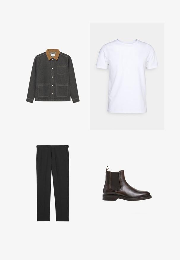 Jeansjacke mit einem dunkelgrauen Körper, braunem Kragen, vorderen Druckknöpfen und zwei großen Fronttaschen, mit sichtbaren Steppnähten.; Weißes T-Shirt mit kurzen Ärmeln aus Baumwollstoff und rundem Halsausschnitt. Schlichtes Design ohne Muster oder Akzente. Glatte Textur.; Dunkelgraue Hose aus strukturiertem Stoff, mit zwei Fronttaschen und zwei Knöpfen am Bund zum Verschließen. Flache Vorderseite.; Braune Leder-Chelsea-Boots mit elastischen Seiteneinsätzen, Schlupfgriff und niedrigem, gestapeltem Absatz. Glatte Textur und schlanke Silhouette.