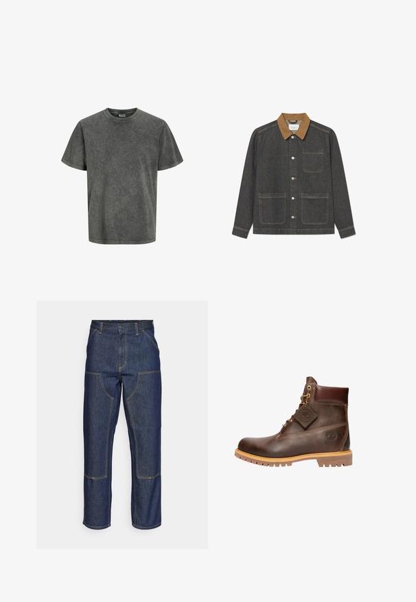 Denimjakke med en mørkegrå krop, brun krave, frontknapper og to store forlommer, med synlige syningsdetaljer.; Kortærmet T-shirt i en falmet mørkegrå farve, lavet af blødt stof med en rund halsudskæring og en afslappet pasform. Glat tekstur, ingen mønstre.; Mørkeblå denim jeans med høj talje, lige ben-design, kontrastsyninger og lappelommer foran.; Brun læder ankelstøvle med rund tå, solid sål, hardware i guldtone og en tekstureret overdel. Inkluderer et logo-tagfæstet.