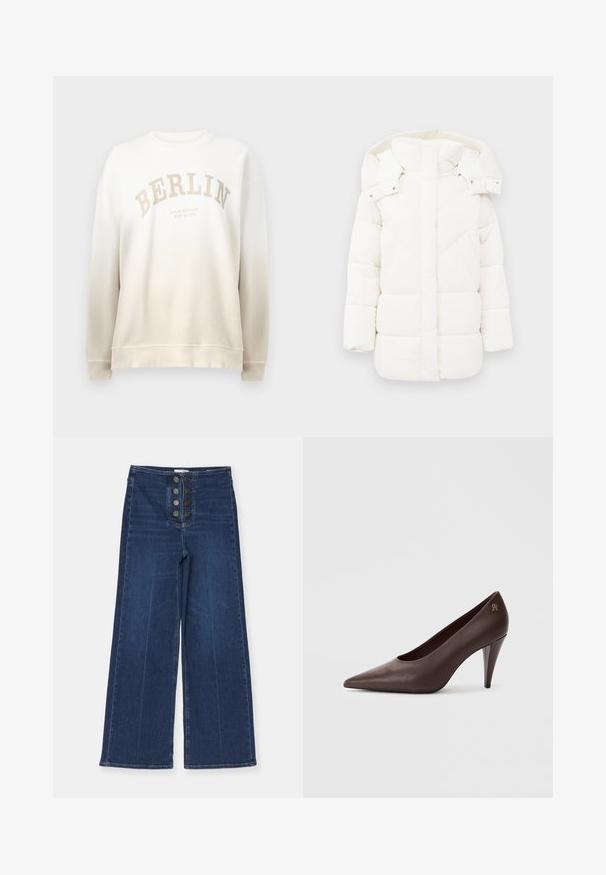 Hvid puffjakke med hætte, der har en struktureret foring og geometrisk syning. Den kasseformede facon og mellemlange design øger varmen.; Creme sweatshirt med gradientfade. Har "BERLIN" trykt i lys beige i en bue og ribbede manchetter og hals. Blød tekstur.; Bredde denimjeans i mørkeblå, med høj talje og fem knaplukninger foran, i en glat tekstur med let falming.; Brun læder højhælet pumpe med spids tå og en slank, skrå hæl. Har en lille metallisk logoaccent bagpå.