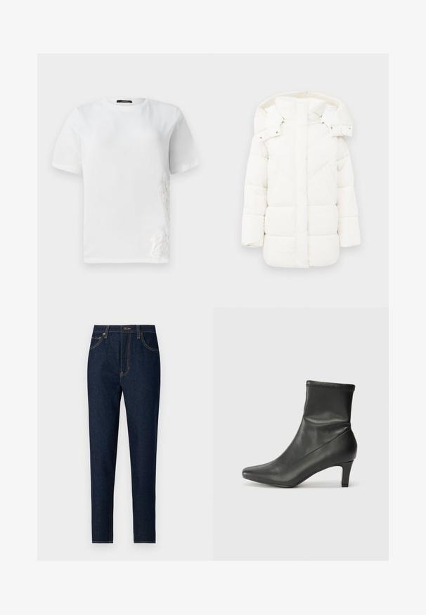 Doudoune blanche avec capuche, présentant une doublure texturée et des coutures géométriques. Sa forme carrée et son design mi-long renforcent la chaleur.; T-shirt en coton blanc à manches courtes, col rond, avec une broderie en dentelle décorative sur le côté gauche. Texture lisse, design décontracté.; Jean en denim foncé avec un design à jambe droite. Comprend des poches avant, des poches arrière et des coutures jaunes contrastantes. Fermeture classique à bouton.; Bottine noire en cuir avec un bout pointu et un talon de 6 cm. La tige a une texture lisse avec un design ajusté et des coutures discrètes.