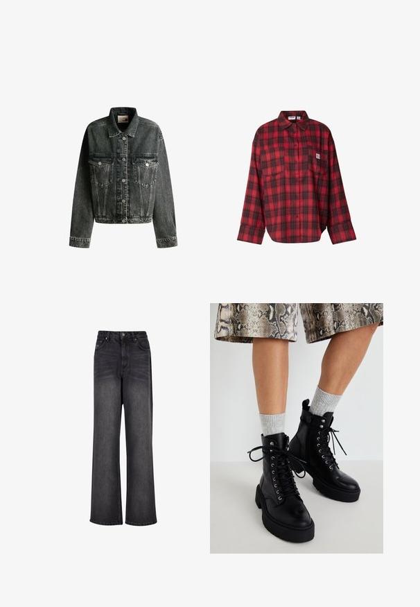 Ausgebleichte schwarze Denimjacke mit Kragen, zwei Brusttaschen, silbernen Knöpfen und taillierter Silhouette. Klassisches Design mit sichtbaren Nähten.; Rot-schwarzes kariertes Flanellhemd, langärmlig, mit Knopfleiste vorne, zwei Brusttaschen, weiche Textur, lässige Passform, rechteckiges Design.; Schwarze Denim-Jeans mit weitem Bein und glatter Textur, mit hoher Taille, seitlichen Taschen und einer Knopfverschluss.; Steve Madden GUSTO - Plateaustiefelette - black