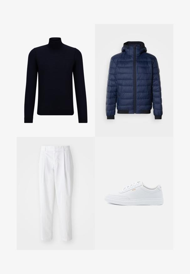 Veste matelassée bleu marine avec fermeture éclair sur le devant, capuche et poignets côtelés. Présente un design matelassé et deux poches latérales. Extérieur lisse et brillant.; Pull en col roulé bleu marine foncé en tissu finement tricoté, à manches longues et à encolure haute ajustée. Sans motifs ni accents visibles.; Pantalons plissés blancs à taille haute et longueur cropped, avec une texture lisse et des lignes épurées. Pas de matériel visible ni de motifs.; Baskets blanches en cuir avec une texture lisse, bout rond et coutures tonales. Possède des lacets bleus et un logo doré sur le côté.