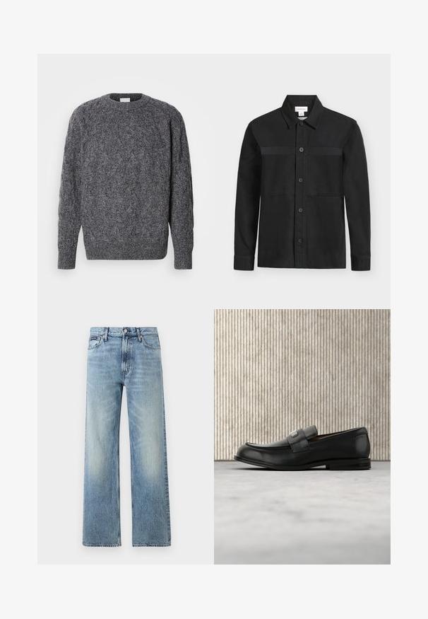 Chemise noire à manches longues avec boutons, col et une couture horizontale sur la poitrine, présentée sur un fond clair uni.; Pull gris en maille avec un motif torsadé texturé, col rond et manches longues. Poignets et ourlet côtelés. Le matériau semble doux et chaud.; Jean droit en denim bleu clair avec taille haute, cinq poches, fermeture à boutons et léger délavage sur les cuisses et les genoux.; Mocassin en cuir noir avec une plaque de marque en métal reposant près d'une table ronde marron sur un sol recouvert de moquette beige.