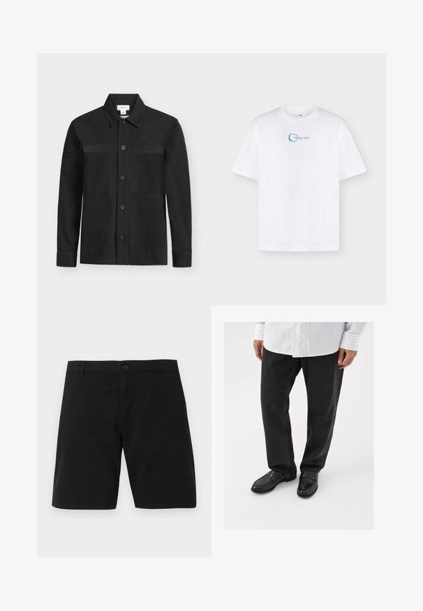 Chemise noire à manches longues avec boutons, col et une couture horizontale sur la poitrine, présentée sur un fond clair uni.; T-shirt blanc à manches courtes avec un petit motif circulaire bleu et le texte "THE AFTER GLOW" centré sur la poitrine sur fond uni.; Shorts décontractés noirs avec fermeture par bouton, passants pour ceinture et design simple, présentés sur un fond uni.; Pantalons en denim noir associés à des mocassins noirs brillants. La chemise est blanche avec de fines rayures verticales, avec des manches longues et un col boutonné.