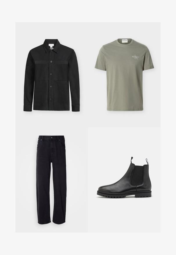 Chemise noire à manches longues avec boutons, col et une couture horizontale sur la poitrine, présentée sur un fond clair uni.; T-shirt vert olive clair à manches courtes avec col rond et petit logo blanc Calvin Klein sur le côté gauche de la poitrine.; Jean en denim noir à coupe ample, avec une taille haute, cinq poches et des boutons en métal. Le tissu présente une texture mate.; Bottines Chelsea en cuir noir avec des panneaux latéraux élastiques, des languettes de tirage et une semelle en caoutchouc texturé avec un motif de semelle.