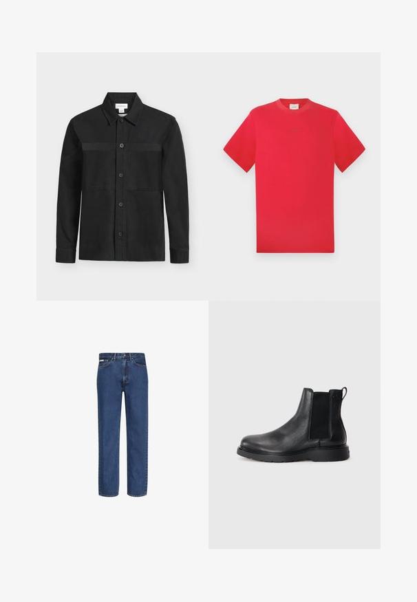 Schwarzes Langarmhemd mit Knöpfen und Kragen sowie einer horizontalen Naht über der Brust, auf hellem einfarbigem Hintergrund gezeigt.; Rotes Rundhals-T-Shirt aus Baumwolle. Kurze Ärmel, einfarbig mit subtiler Markenkennzeichnung in der Mitte. Weicher Stoff und klassischer Schnitt.; Blaue Jeans mit geradem Bein aus Denim, mit fünf Taschen, einem Knopf- und Reißverschluss sowie dezenter Verblassung am Stoff.; Schwarze Leder-Chelsea-Boots mit strukturiertem Finish, elastischen seitlichen Einsätzen und einer robusten Gummisohle. Dezentes Branding an der Ferse.