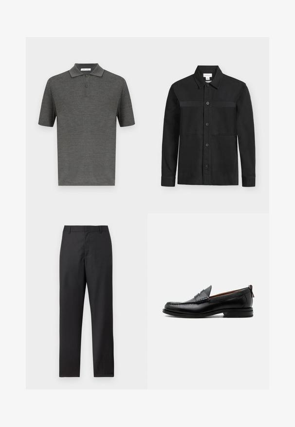 Chemise noire à manches longues avec boutons, col et une couture horizontale sur la poitrine, présentée sur un fond clair uni.; Polo-shirt gris foncé en tissu texturé, avec un col, trois boutons et des manches courtes.; Pantalon de costume noir à jambes droites, passants pour ceinture et fermeture frontale dissimulée, présenté sur un fond blanc.; Mocassin homme en cuir noir avec couture moc toe, bride penny, col texturé et petit talon empilé sur fond blanc.