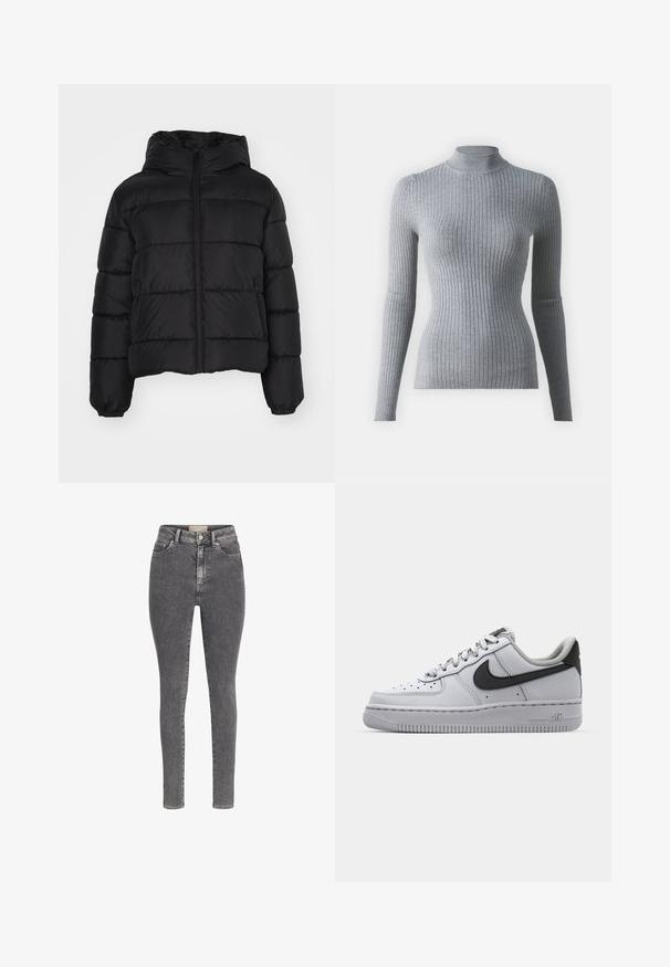 Mustmust puffer-jakk, millel on kapuuts, varustatud lukuga esist suletud, elastsete mansettidega ja tikandiga. Valmistatud siledast, veekindlast materjalist.; Hallide ribaga turtleneck särk pikkade varrukatega, valmistatud kudumiskangast. Omab kitsast disaini ja kõrgemat kaelust lisasoojuse saavutamiseks.; Kõrge vöökohaga kitsad teksad pleekinud tumedat halli denimi materjalist, ees nööbi ja tõmblukuga, rihmlõhedega ning viie taskuga disain.; Valge nahast toss, hallide detailidega, ümmarguse varbaga, tekstuurse pinnaga, pehmendatud krae ja kontrastses mustas värvuses Swoosh logo. Õhkpadjaga tald.