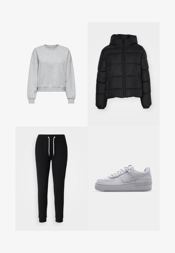 Sort puffet jakke med hætte, med lynlåslukning foran, elastiske manchetter og kviltet design. Fremstillet af glat, vandafvisende materiale.; ONLY ONLBEST L/S CREW NECK SWT NOOS - Sweatshirt - light grey melange; Sorte sweatpants med snor i taljen, hvide snor detaljer, tapered ben og ribbede manchetter. Fremstillet af blødt, komfortabelt stof.; Grå Nike Air Force 1 sneakers med perforeret tå, glat læderoverdel, tyk sål og præget 'AIR' detalje på hælen.
