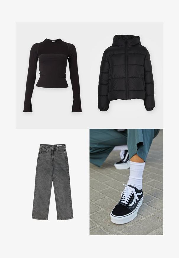 Chaqueta de abrigo negra con capucha, con cierre frontal de cremallera, puños elásticos y diseño acolchado. Fabricada con un material suave y resistente al agua.; Top negro ajustado de manga larga con cuello alto y ligero vuelo en los extremos de las mangas, con una pequeña etiqueta en la zona del cuello.; Jeans rectos de tiro alto, de color negro desgastado, con bolsillos frontales, trabillas para cinturón, cierre de botón y una etiqueta de marca en la parte interna de la cintura.; Zapatillas de ante negro con acentos y cordones blancos, que cuentan con una gruesa suela blanca y costuras en contraste, combinadas con un calcetín blanco.