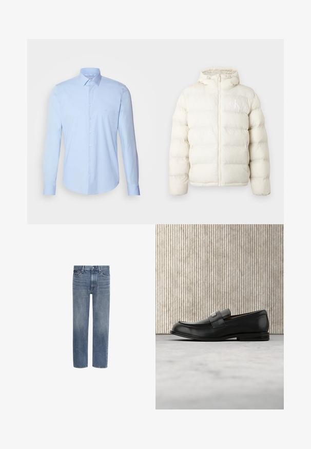 Doudoune de couleur crème, dotée d'une fermeture éclair, d'une capuche réglable et d'un logo discret. Fabriquée à partir d'un matériau doux et matelassé avec une texture lisse.; Chemise boutonnée bleu clair en coton, avec un col classique, des manches longues et un petit logo sur la poitrine. Texture lisse.; Jean en denim bleu à jambes droites, avec poches avant, passants de ceinture et fermeture par bouton.; Mocassin en cuir noir avec une plaque de marque en métal reposant près d'une table ronde marron sur un sol recouvert de moquette beige.