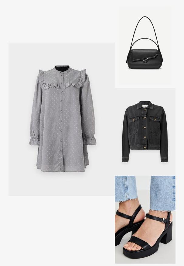 Pepe Jeans RELAXED JACKET - Chaqueta vaquera - denim; Vestido gris de botones con escote rizado, mangas largas y puños elásticos. Presenta un sutil patrón texturizado y un corte holgado.; ALDO CELIE - Sandalias de tacón - black; Bolso de cuero negro con bordes redondeados, solapa asimétrica, cierre circular de metal y correas de hombro cortas y largas.