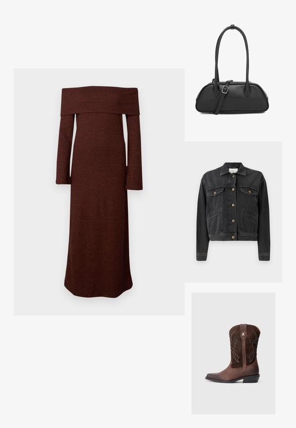 Pepe Jeans RELAXED JACKET - Veste en jean - denim; Robe brune, décolletée d'une épaule, à manches longues, faite d'un tissu texturé ; corsage ajusté qui se prolonge en une jupe droite en dessous du genou.; Botte de cow-boy en cuir marron avec un dessus en daim texturé, des coutures blanches détaillées, un bout pointu et un talon bas carré.; Sac à main en cuir noir de forme arrondie, avec deux poignées allongées et des accents décoratifs en forme de feuille sur les côtés.