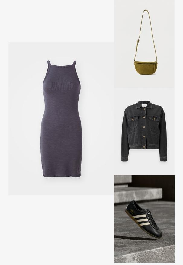 Pepe Jeans RELAXED JACKET - Denimová bunda - denim; Priehľadné bodycon šaty v tmavo fialovej farbe, s tenkými ramienkami a priliehavým strihom, vyrobené z elastickej pleteniny.; Čierna kožená teniska s bielym dizajnom troch pruhov, textúrovanými detailmi, čiernymi šnúrkami a gumovou podrážkou. Logo značky viditeľné na jazyku.; Zelená olivová semišová taška cez rameno s nastaviteľným popruhom a vreckom na zips na prednej strane na jednoduchom bielom pozadí.