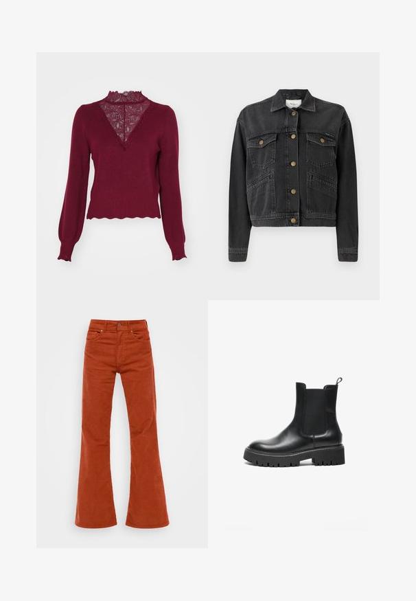 Pepe Jeans RELAXED JACKET - Cowboyjakker - denim; Bordeaux sweater med en blonderpanel og bølget kant. Lange ærmer med ribbede manchetter. Har en V-hals design og struktureret strik.; Rustfarvede fløjl flared bukser med høj talje, fem lommer og lukning med frontknap. Blød tekstur og synligt fløjlsmønster.; Sort læder Chelsea-støvle med elastiske sidelapper, rund tå, kraftig gummisål og en trækkrog ved hælen.