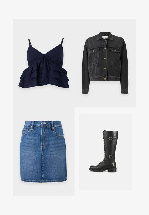 Pepe Jeans RELAXED JACKET - Teksajakk - denim; Tumesinine riide pealmine osa, millel on reguleeritavad õhukesed rihmad, kokkuvooderdatud bodice ning kolm kihiti volangiga äärist.; Sinine teksaseelik, sirge lõikega, millel on vöökoht, ees olevad taskud ja kulunud viimistlus. Omab kontrastset õmblust ja lukuga säärt.; Kõrged mustad nahast saapad, millel on nööbid ees, külgedel klambrid, siledat tekstuuri, ümar nina ja tugev madal konts.