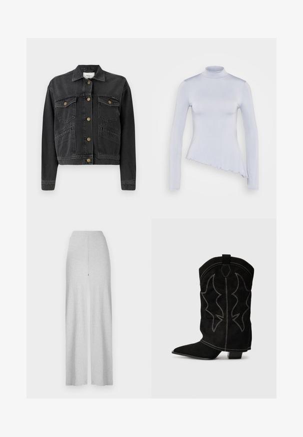 Pepe Jeans RELAXED JACKET - Farkkutakki - denim; Vaaleansininen pitkähihainen yläosa, jossa on puolikorkea kaulus. Pehmeä tekstuuri ja epäsymmetrinen helma, jossa aaltoileva reuna.; Vaaleanharmaat ribatut leveälahkeiset housut, joissa on korkea vyötärö ja edessä halkio. Valmistettu pehmeästä kankaasta, jossa on sileä pinta.; Mustat nahkasaappaat, joissa on terävä kärki, matala korko ja koristeellinen valkoinen ommel, sisältävät liekin kaltaisen kuvion varressa.