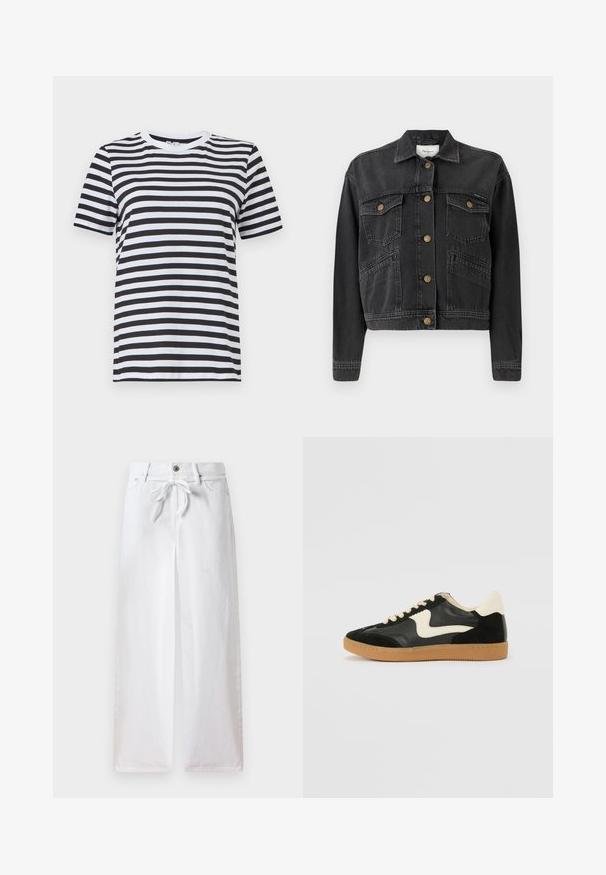 Pepe Jeans RELAXED JACKET - Teksajakk - denim; Mustvalge triibuline T-särk, valmistatud pehmest puuvillast, millel on ümara kaeluse ja lühikeste varrukatega ning ühtlaselt paigutatud horisontaalsed triibud.; Valged laiad püksid, mis on valmistatud puuvillast. Omavad paela toimetamise nööri vööl ja nööpistungit. Sile tekstuur koos minimalistliku disainiga.; Must musta ja nahast sneakersid, millel on koorevärvi külgsuund ja hele koorik. Omab beeži paelu ja kummi kummist välistalla.