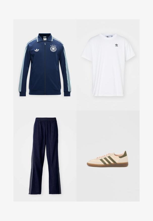 Tmavomodrá športová bunda na zips so svetlomodrými pruhmi na rukávoch, logom Adidas na ľavej strane hrudníka a emblémom Nemeckej futbalovej asociácie na pravej strane hrudníka.; Biela bavlnená tričko s krátkymi rukávmi, okrúhlym výstrihom a čiernym logom Adidas s tromi pruhmi na ľavej hrudi.; Námornícke modré športové nohavice s elastickým pásom, s tromi bielymi bočnými pruhmi a rovným strihom. Mäkká denimová textúra.; Nízky béžový tenisky Adidas Spezial so zelenými pruhmi, gumovou podrážkou a nápisom „SPEZIAL“ na boku, zobrazené z vonkajšej strany.