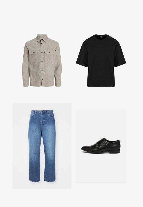 Herreskjorte i en tekstureret lyse beige stof, med knaplukning fortil, to brystlommer og en klassisk krave med sorte knapper.; Urban Classics SCUBA TEE - T-shirts basic - black; Denim jeans i mellemblå med lige ben, traditionel fem-lommes styling og klassisk knap-og-lynlås lukning.; Sorte lædersko med spidse tæer, dobbelt spænde detaljer og et slankt design. Har en lav stablet hæl og en glat overfladetextur.