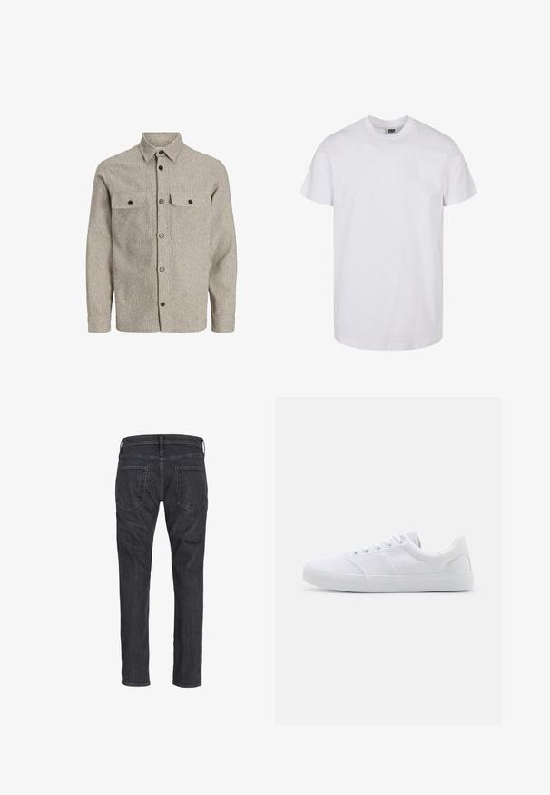 Chemise pour homme en tissu texturé beige clair, avec un devant à boutons, deux poches poitrine et un col classique avec des boutons noirs.; T-shirt en coton blanc à manches courtes, col rond et ourlet droit. Texture lisse, sans motifs ni graphismes, étiqueté "Urban Classic".; Jean droit gris foncé vu de dos avec deux poches arrière et des passants de ceinture sur la taille.; Baskets en toile blanches avec une semelle en caoutchouc, dotées de six œillets, d'un embout texturé et d'un design minimaliste.