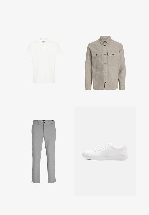 Chemise pour homme en tissu texturé beige clair, avec un devant à boutons, deux poches poitrine et un col classique avec des boutons noirs.; Polo shirt blanc en coton, avec un col classique, des manches courtes et une patte de boutonnage à trois boutons avec des boutons bleu marine.; Pantalons gris en tissu léger, à coupe droite, avec une fermeture éclair et un bouton unique à la taille.; Baskets blanches basses à lacets, tige en cuir lisse et semelle épaisse en caoutchouc, vues de profil sur un fond uni.