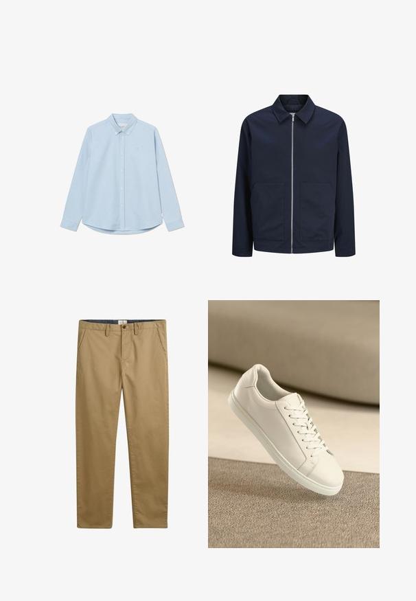 Chaqueta azul marino con cremallera frontal, cuello y dos bolsillos delanteros. Hecha de una tela suave, presenta un ajuste relajado y un diseño minimalista.; Camisa de botones de manga larga en un tono azul claro, con cuello puntiagudo, un logo en el pecho y dobladillo redondeado. Fabricada con un tejido suave y textura lisa.; Pantalones de algodón color caqui con corte recto, que cuentan con bolsillos laterales, cierre de botón y una tela texturizada.; Zapatilla de cuero blanca con cordones blancos, exhibida sobre una superficie texturizada beige y un suave fondo desenfocado.