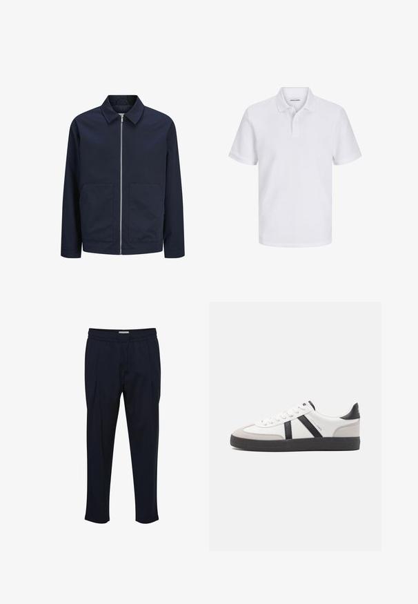 Veste bleu marine avec fermeture éclair à l'avant, col et deux poches avant. Fabriquée en tissu lisse, elle présente une coupe décontractée et un design minimaliste.; Polo blanc en tissu texturé, avec une patte de bouton, des manches courtes et un petit logo sur la poitrine.; Pantalons ajustés bleu marine avec ceinture à cordon de serrage, devant plissé et chevilles fuselées. Fabriqués à partir d'un tissu lisse et léger.; Baskets blanches avec des accents noirs et gris, présentant un embout texturé gris, une semelle en caoutchouc noir et des lacets plats blancs. Design épuré, style minimaliste.