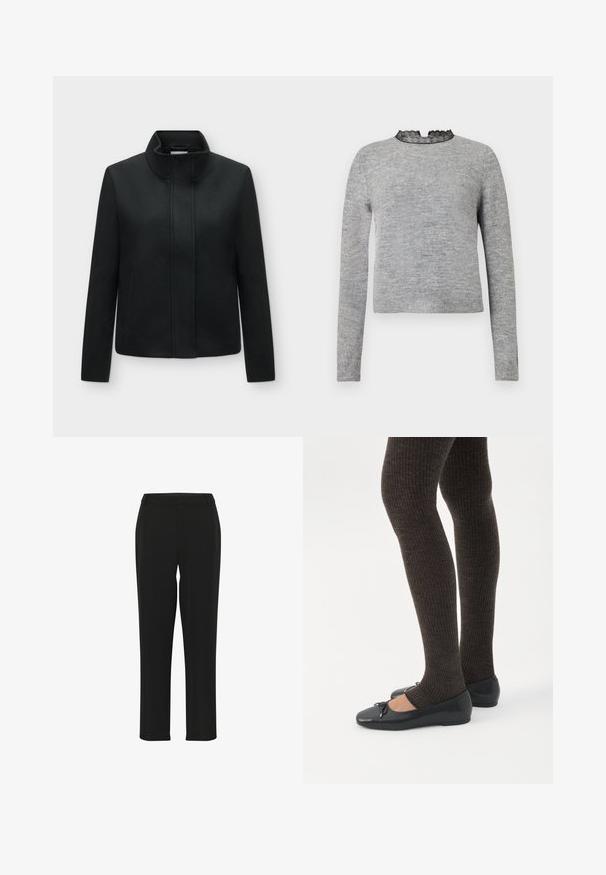 Sort damesjakke med høj krave, skjult forlukning foran, lange ærmer og sidelommer, vist på en ensfarvet hvid baggrund.; Grå sweater med lange ærmer, en rund halsudskæring pyntet med sort blonder, og en ribbede kant, fremstillet i et blødt og tekstureret stof.; Sort bukser med lige ben-design, der har en glat tekstur, tætsiddende talje og ingen synlige udsmykninger eller mønstre.; Ben iført mørke ribbede leggings kombineret med sorte balletsko med små sløjfedetaljer på hvid baggrund.