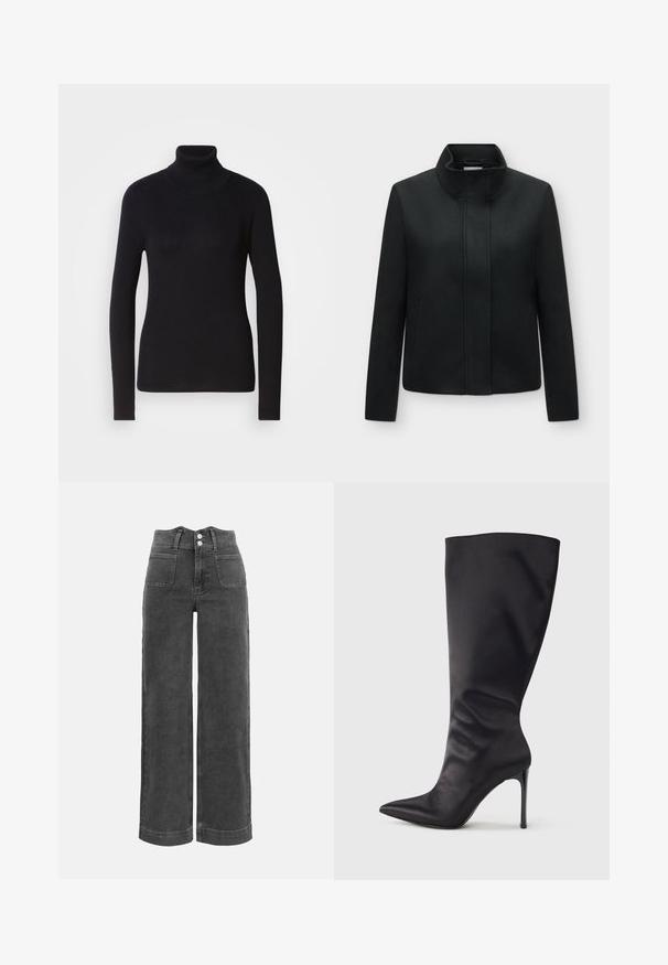 Sort damesjakke med høj krave, skjult forlukning foran, lange ærmer og sidelommer, vist på en ensfarvet hvid baggrund.; Sort ribbet rullekravesweater med lange ærmer. Fremstillet af strikmateriale med en tætsiddende design. Glat tekstur og høj halsdetalje.; Mørkegrå denim bukser med høj talje, vide ben, forlommer med lap og dobbelt knaplukning.; Sort knæhøj stiletstøvle lavet af glat, glansfuldt materiale; spids tå; tætsiddende pasform med let samling nær anklen; skinnende hæl.