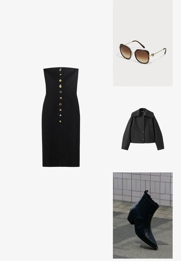Zwarte cropped jas met een brede kraag, knoopsluiting en twee voorzakken. Gemaakt van een gestructureerde stof met een strak ontwerp.; Zwarte strapless jurk met een getailleerde silhouet, met een frontsluiting met goudkleurige decoratieve knopen in het midden.; Glanzende zwarte leren enkellaars met blokhak, elastische zijpanelen en treklipje, rechtopstaand op een gestructureerd trottoir bij een betegelde muur.; Bruine gradient zonnebril met een gedurfde, octagonale vorm, een schildpad-acetaat frame en accenten van goudkleurig metaal op de neusbrug en de pootjes.