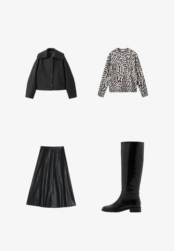 Sort kort jakke med bred krave, knaplukning og to forlommer. Fremstillet af et struktureret stof med en markant form.; Langærmet sweater med rund hals i sort og grå dyreprint, lavet af strikket stof.; Sort læder midi-nederdel med en udvidet facon, der har en glat tekstur og plisseret design for ekstra volumen. Ingen synlig hardware eller detaljer.; Sorte læderknæhøje støvler med en glat overflade, rund tå, let hæl og minimalistisk design. Har en tætsiddende skaft og stitched detaljer.