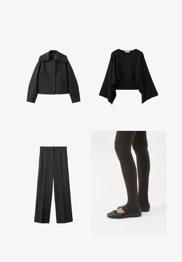 Zwarte cropped jas met een brede kraag, knoopsluiting en twee voorzakken. Gemaakt van een gestructureerde stof met een strak ontwerp.; Zwart cropped top met wijde, vloeiende lange mouwen en een ronde halslijn, gemaakt van zachte stof.; Donkergrijze wijde broek gemaakt van een gestructureerde stof, met een platte tailleband, twee voorzakken en geplooide details.; Benen met donkere geribbelde leggings gecombineerd met zwarte ballerina's met kleine strikdetails op een witte achtergrond.