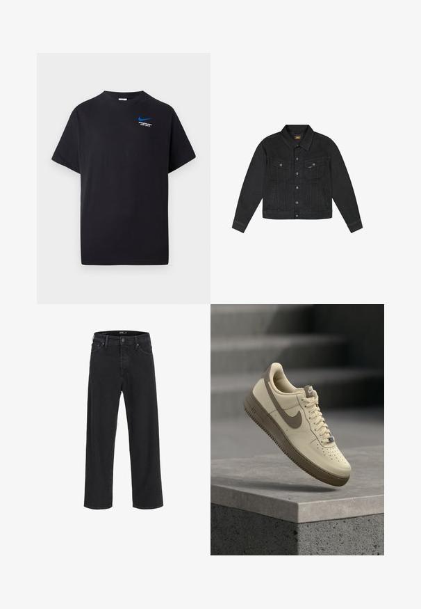 Schwarze Jeansjacke mit Knopfverschluss, zwei Brusttaschen mit Klappe und Knöpfen, Seitentaschen und einem Kragen, gebrandet mit einem kleinen gelben Lee-Label.; Schwarzes T-Shirt mit kurzen Ärmeln, kleinem blauen Nike-Swoosh und dem weißen Text "ATHLETIC DEPT JUST DO IT." auf der linken oberen Brust.; Schwarze gerade geschnittene Jeans aus Denim mit Knopf- und Reißverschluss, Gürtelschlaufen sowie Vorder- und Gesäßtaschen.; Beige und brauner Nike Air Force 1 Sneaker mit Schnürsenkeln, schwebend über einer Betonfläche mit Treppen im Hintergrund.