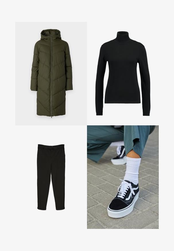 Abrigo acolchado largo con capucha en verde oliva oscuro. Presenta un acolchado en forma de chevrón, una cremallera frontal y puños elásticos. Diseño suave de longitud media.; Suéter negro de cuello alto hecho de una tela de punto suave. Presenta mangas largas y un diseño ajustado, con acentos de canalé en el cuello y el dobladillo.; Pantalones negros de tela tejida, con un diseño de corte recto, parte delantera plana y puños en los tobillos para un aspecto estilizado.; Zapatillas de ante negro con acentos y cordones blancos, que cuentan con una gruesa suela blanca y costuras en contraste, combinadas con un calcetín blanco.